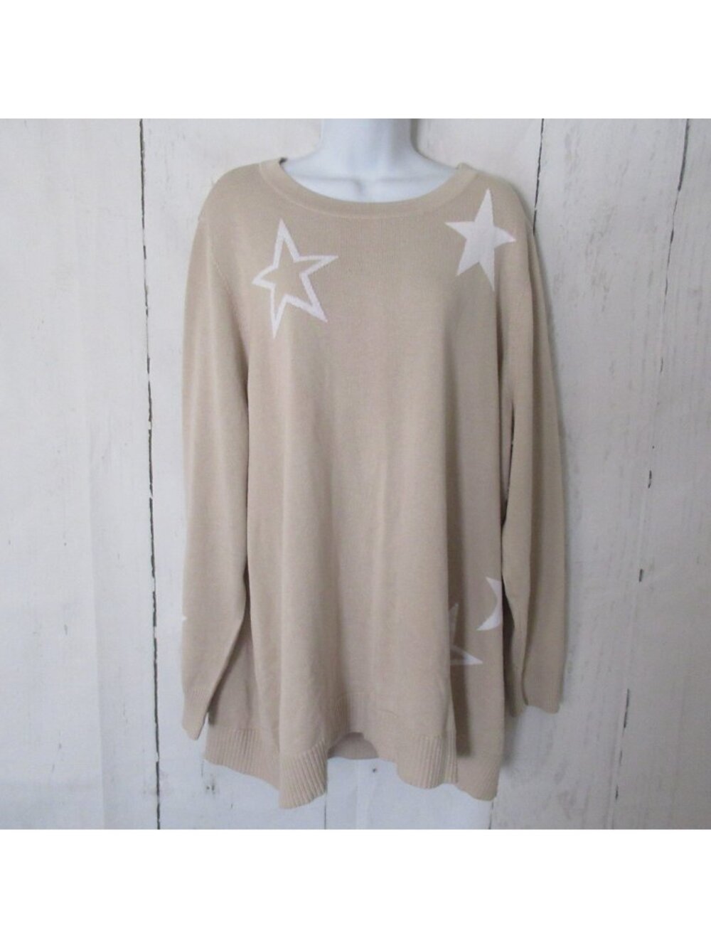Belle Kim Gravel Sweater 3X Beige Star Print Pullover Long Sleeve Plus Size NEW
